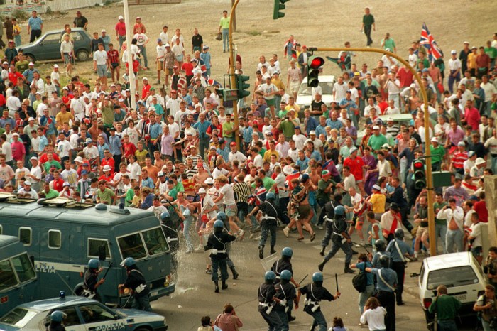 England fans riot with police before Holland game 1990 during the World Cup in Italy